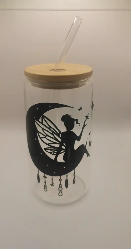 Gobelet en verre fées+ couvercle + paille
