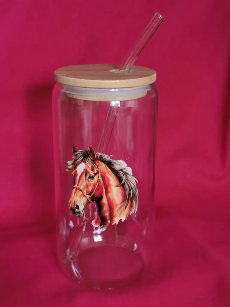 gobelet en verre chevaux + couvercle + paille