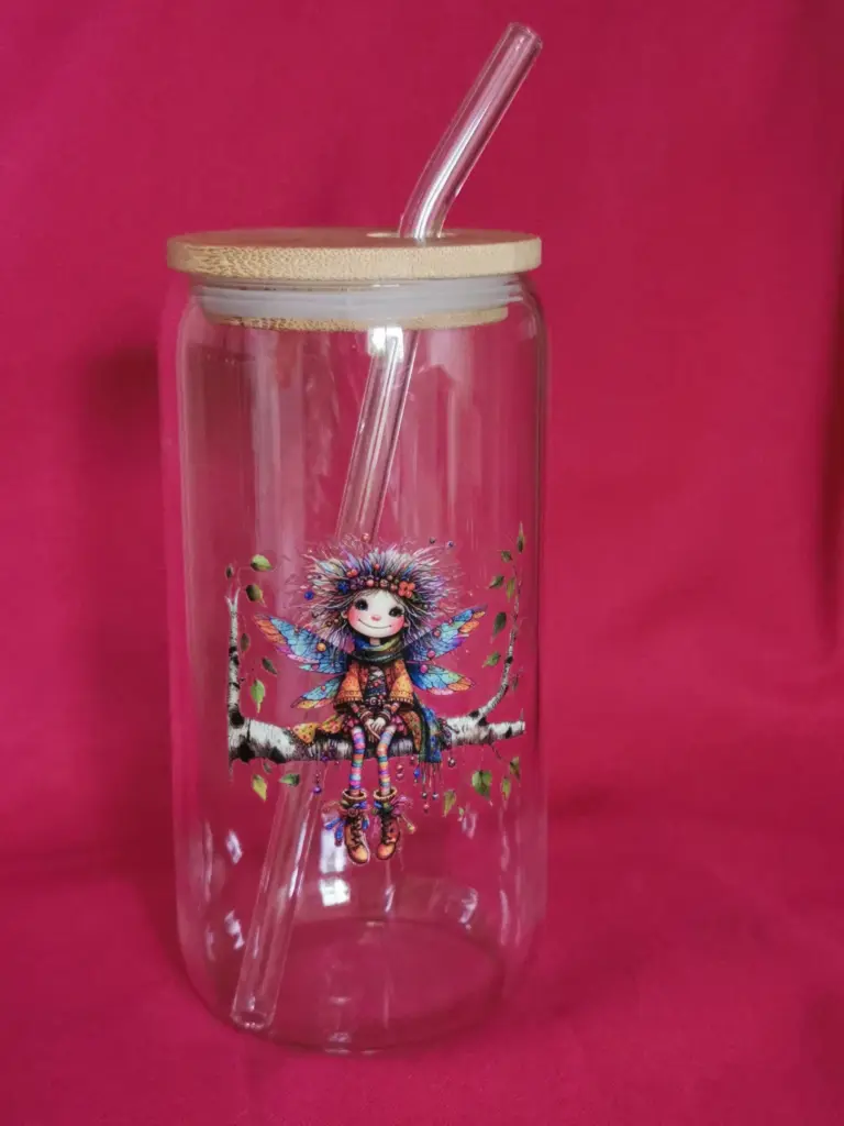 gobelet en verre fée des forets + couvercle + paille