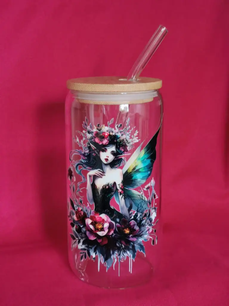 gobelet en verre fée maléfique + couvercle + paille