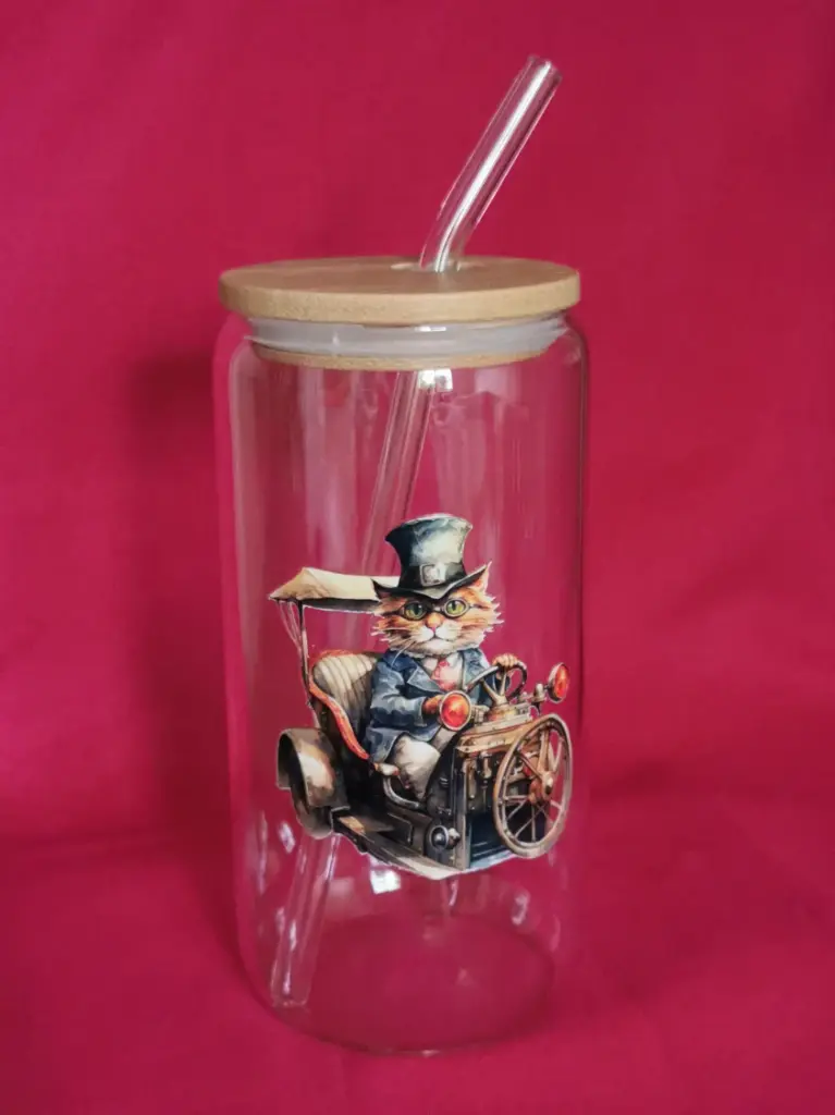 gobelet en verre chat steampunk + couvercle + paille
