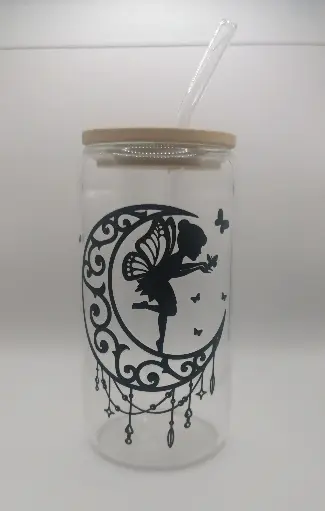 Gobelet en verre fées+ couvercle + paille