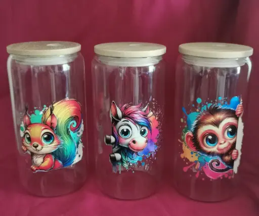 gobelet en verre animaux rigolos + couvercle +paille