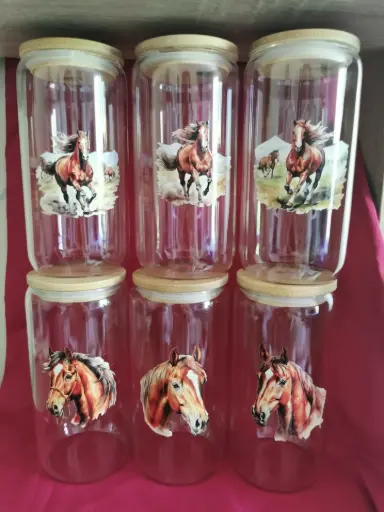 gobelet en verre chevaux + couvercle + paille
