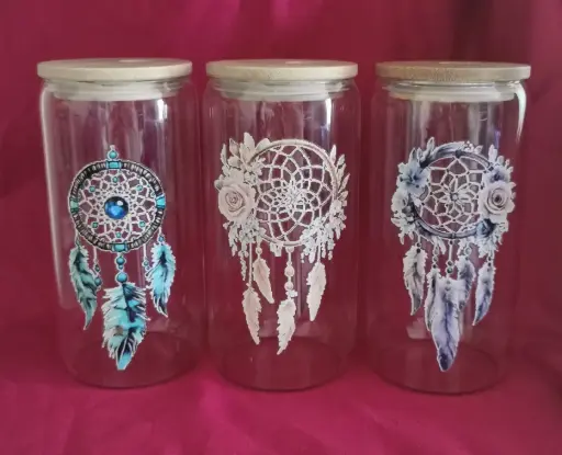 gobelet en verre attrape rêve + couvercle + paille