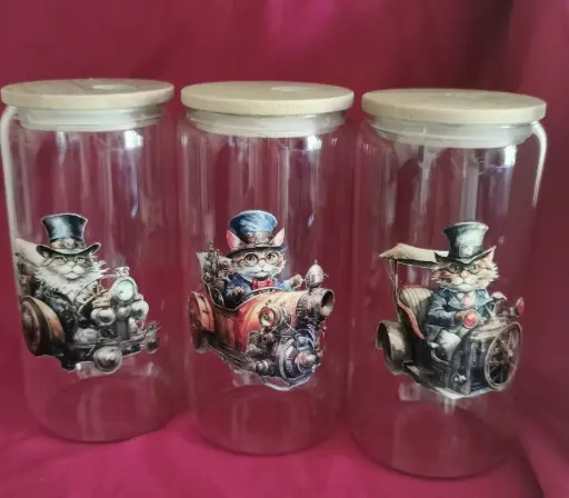 gobelet en verre chat steampunk + couvercle + paille